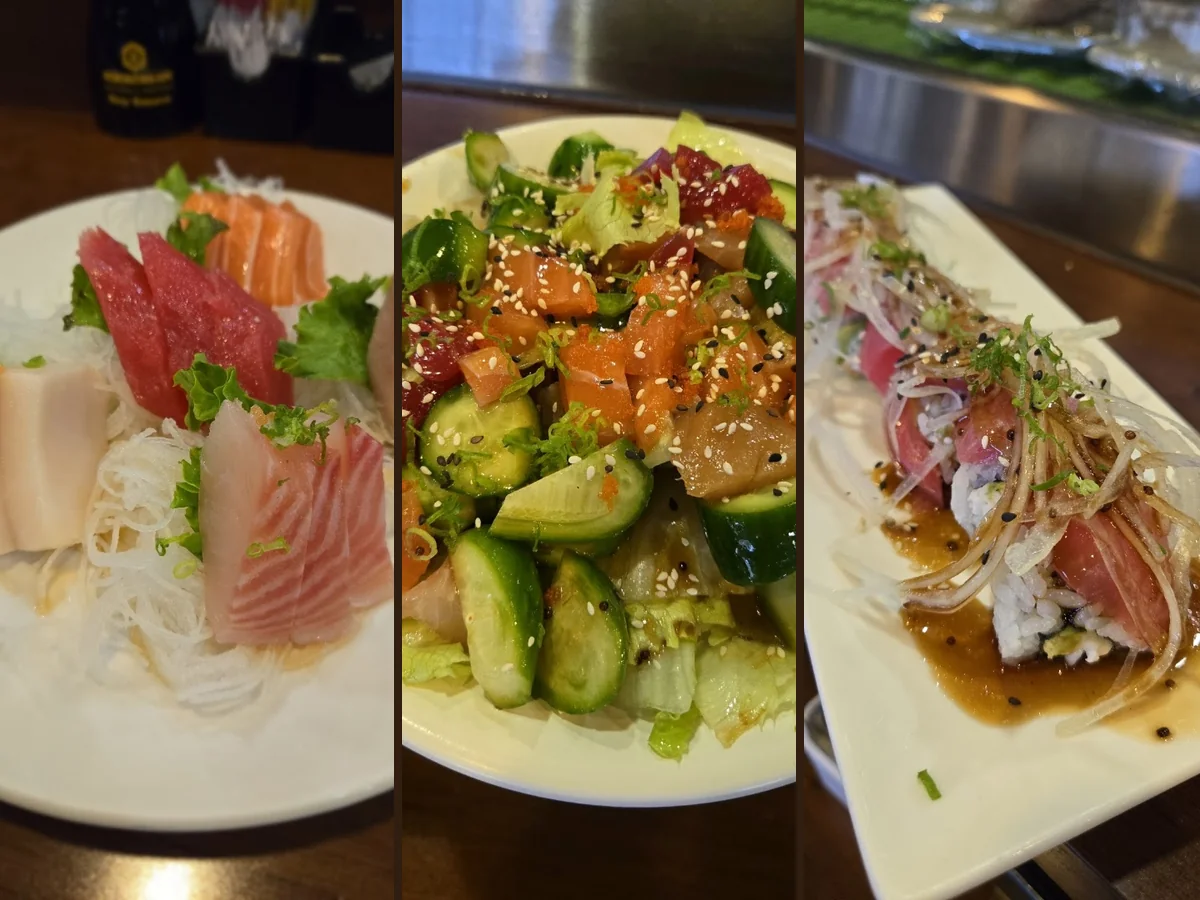 Plated sushi rolls on a dining table.